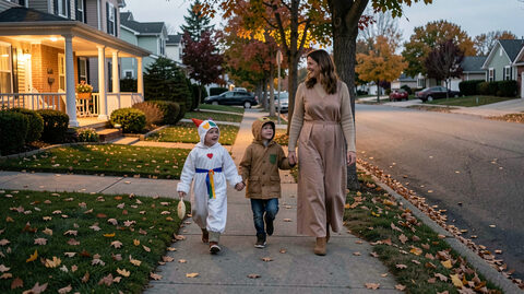 A parent and two children in simple costumes walking a suburban street at dusk with lit porches and fallen leaves on the pavement.