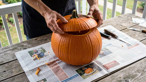 Hands lifting the cut lid from a large orange pumpkin on a sheet of newspaper on a wooden porch table, carving tools beside it.
