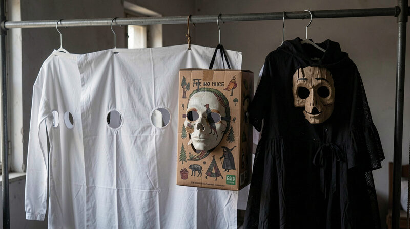 A row of costumes hanging on a rail in a dim shop, from a plain white sheet ghost to a printed boxed mask and a homemade witch dress.