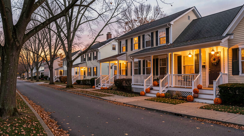 A New England street in late October at dusk with lit porches, carved pumpkins on the steps and fallen leaves along the kerb