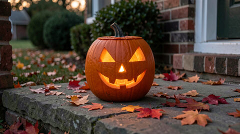 A carved pumpkin lantern glowing on a stone doorstep with red and orange fallen leaves around it at dusk