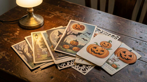 A stack of antique Halloween postcards and paper die cuts on a dark table under a warm lamp