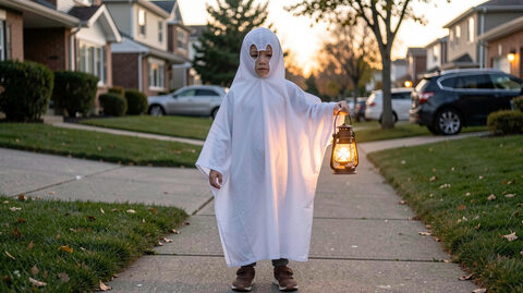 A child in a simple white sheet ghost costume holding a small lantern on a pavement at dusk