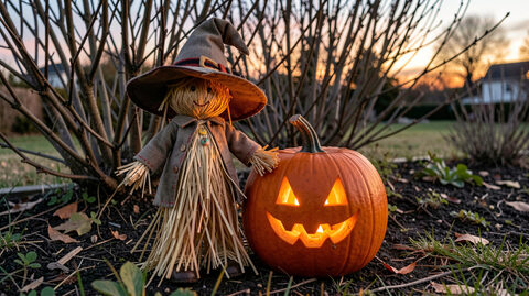 A straw and cloth witch figure propped in a garden beside a lit carved pumpkin at twilight