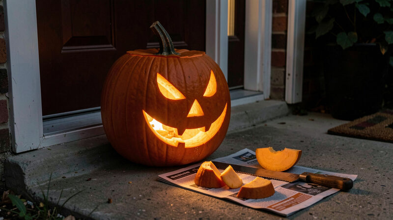 A freshly carved pumpkin lantern glowing on a doorstep with the cut pieces and a small saw resting on newspaper beside it.