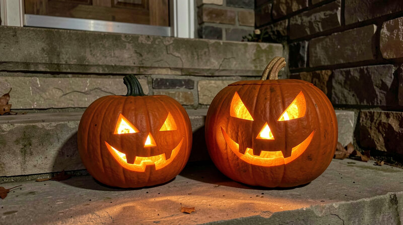 A carved turnip lantern and a carved pumpkin lantern side by side on a stone step at night, both lit from within.