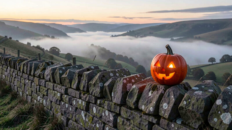 A low stone wall on a hillside at dusk with a single lit turnip lantern resting on top and mist in the valley behind.