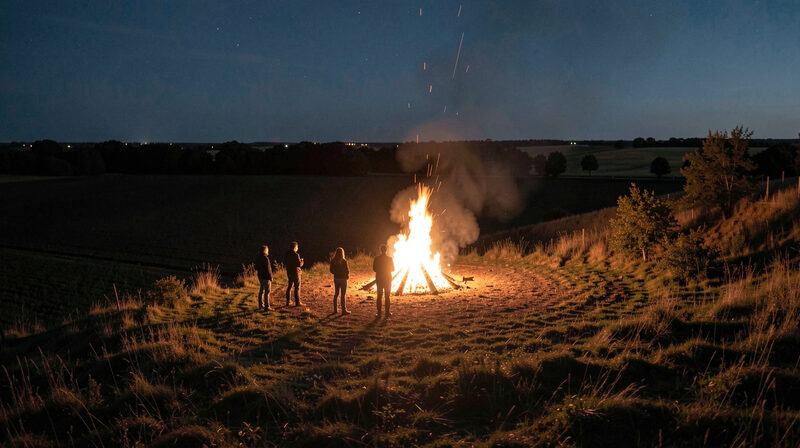 A hillside bonfire at night seen from a distance with silhouetted figures standing around it and dark fields beyond.