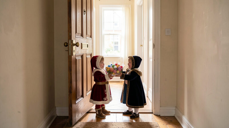 A front door open on a lit hallway with a bowl of wrapped sweets held out towards two small costumed visitors on the step.