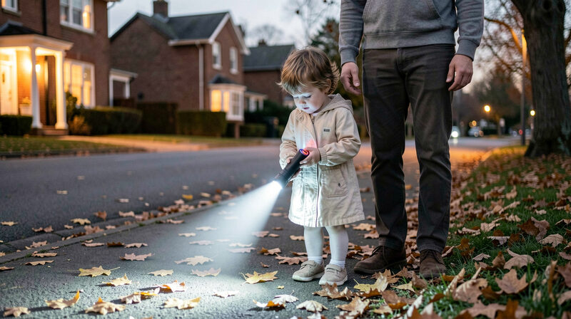 A child in a reflective striped costume holding a small torch on a leaf covered pavement beside an adult, lit houses ahead.
