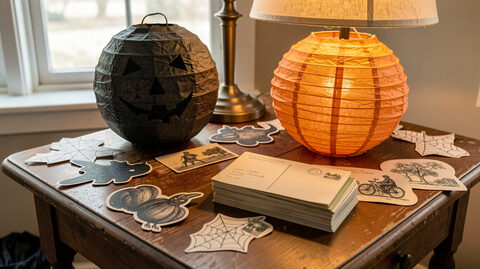 A table covered with early twentieth century paper Halloween decorations, a crepe paper lantern and a stack of old postcards under warm lamplight.