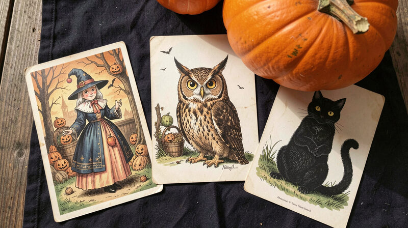 A close overhead view of three antique Halloween postcards on a dark cloth showing a witch, an owl and a cat with a pumpkin.